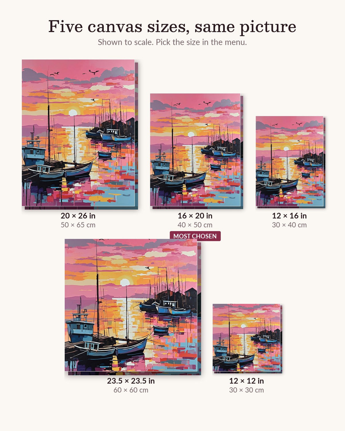Pink Sunrise over the Harbor canvas sizes from 12 x 12 to 23.5 x 23.5 inches