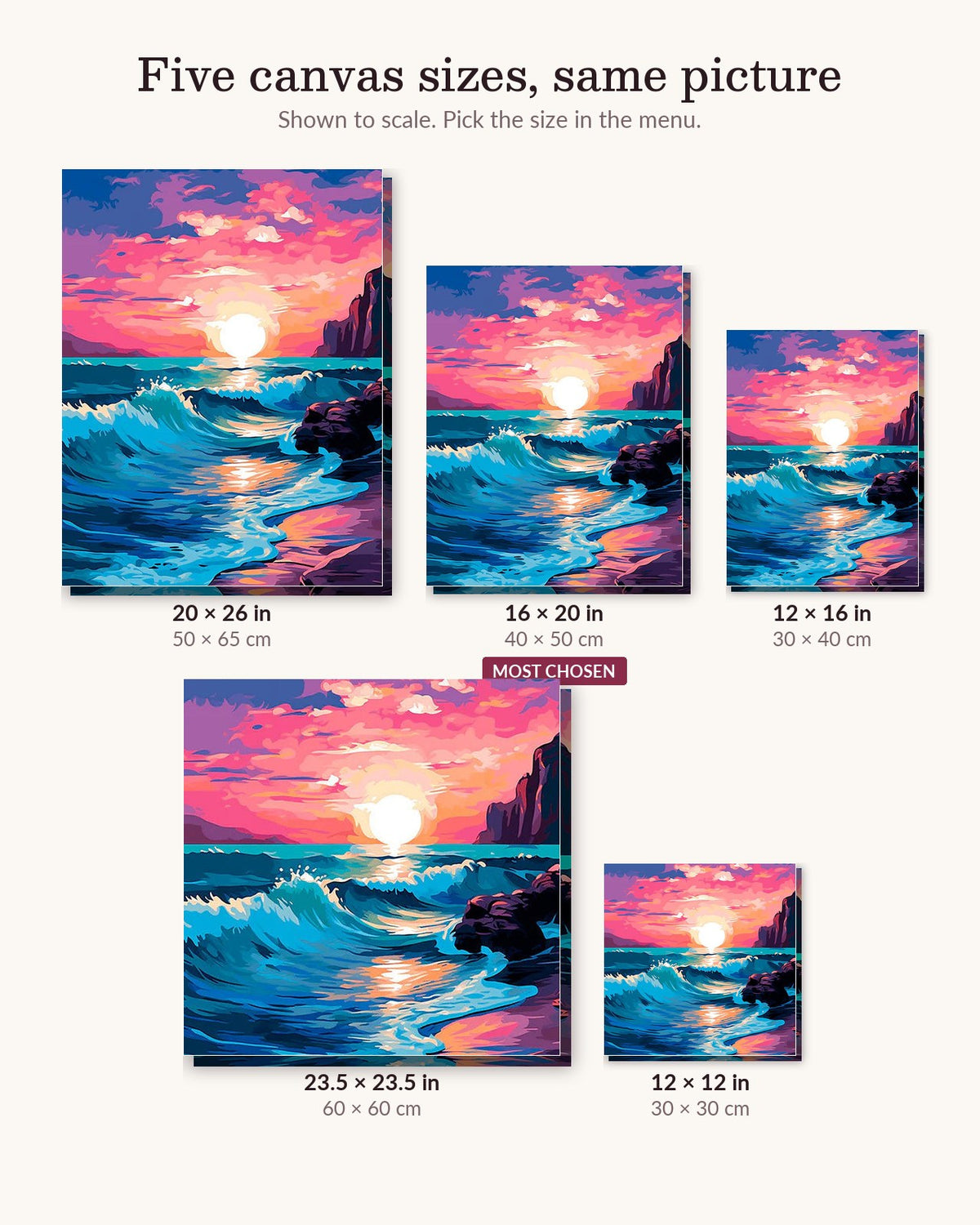 Blushing Waters canvas sizes from 12 x 12 to 23.5 x 23.5 inches