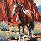 brown and white pinto horse standing in a red rock canyon with sagebrush, paint by numbers kit