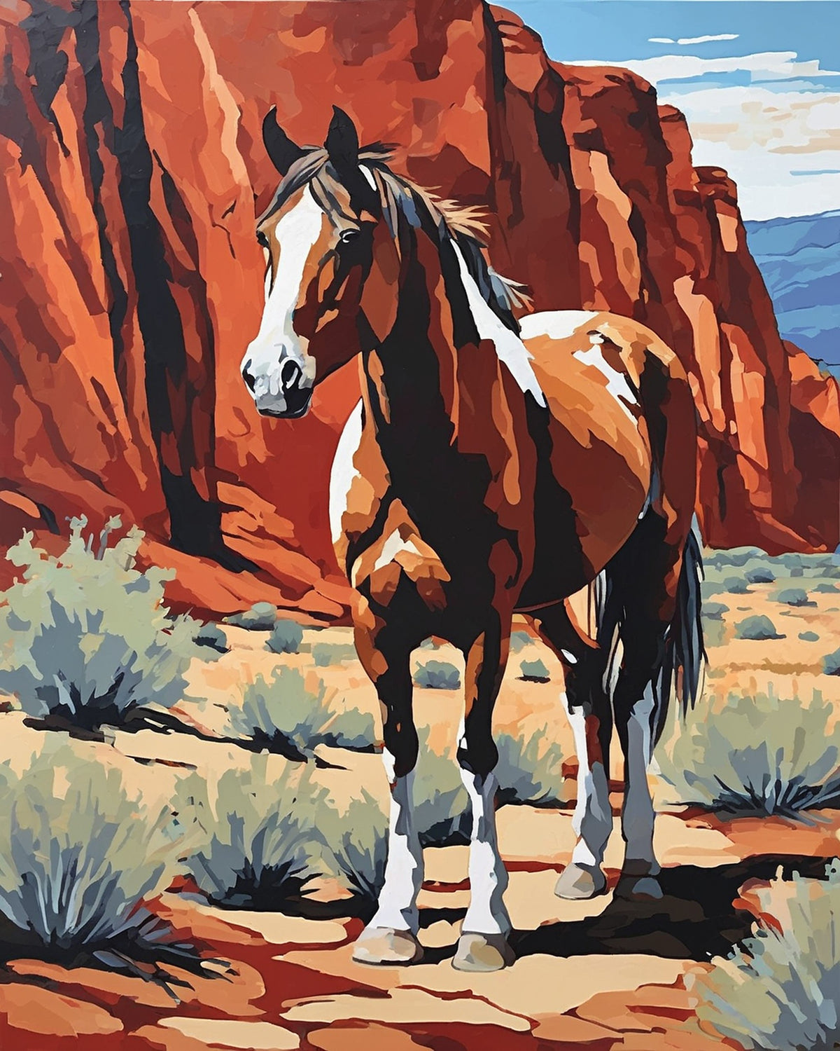 brown and white pinto horse standing in a red rock canyon with sagebrush, paint by numbers kit