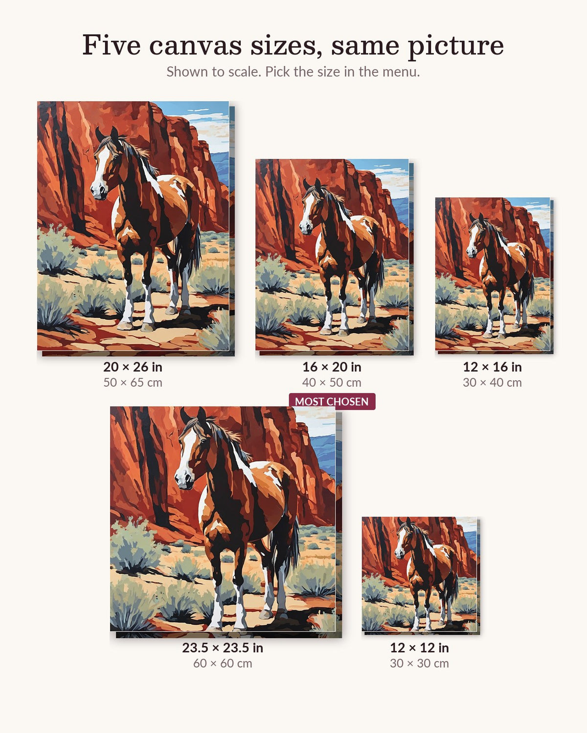 Pinto Horse in the Red Canyon canvas sizes from 12 x 12 to 23.5 x 23.5 inches