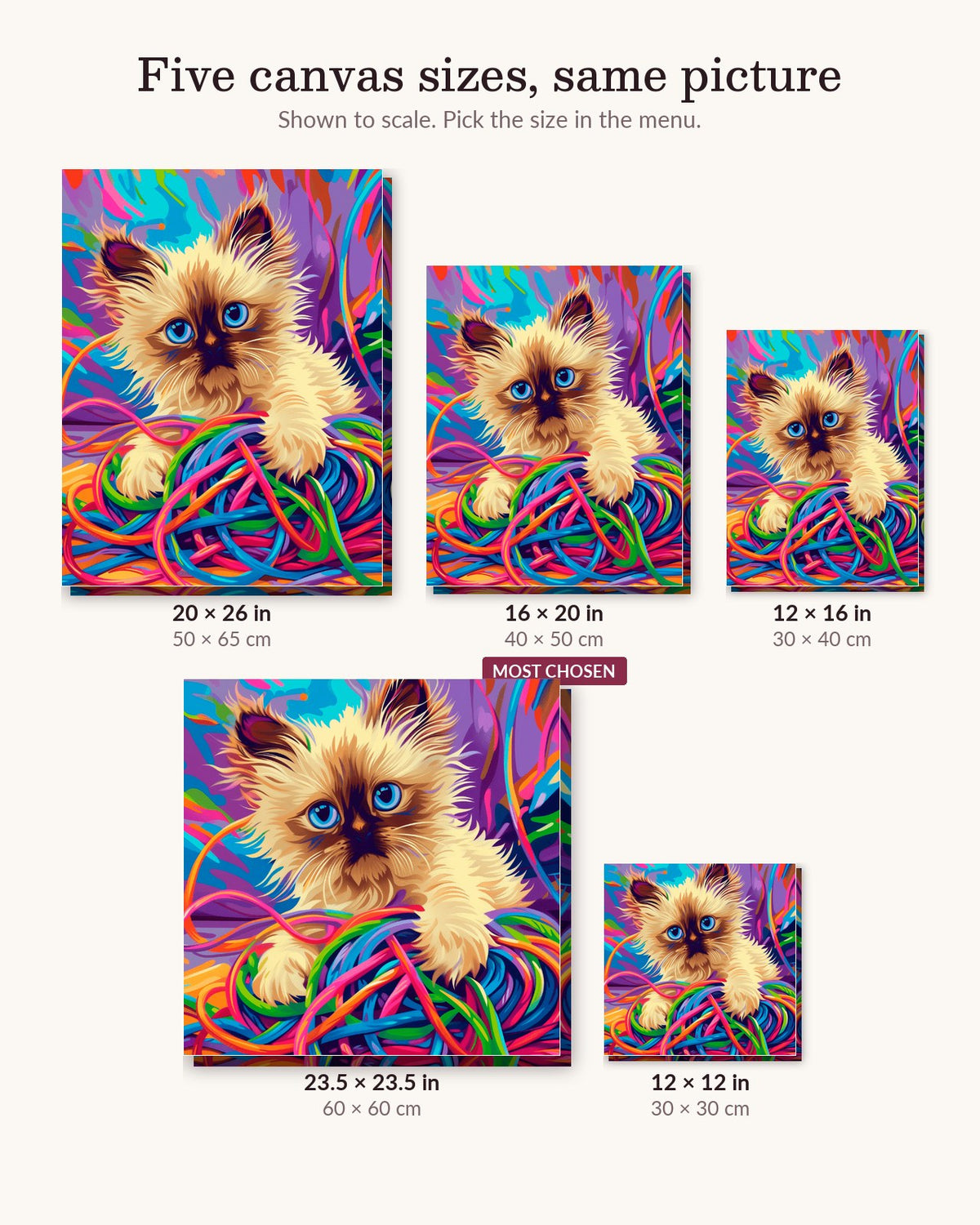 Playful Ragdoll Cat canvas sizes from 12 x 12 to 23.5 x 23.5 inches