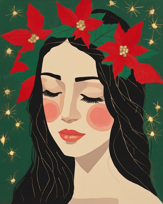 Poinsettia Crown Portrait paint by numbers kit, woman with closed eyes wearing a crown of red poinsettias and green leaves
