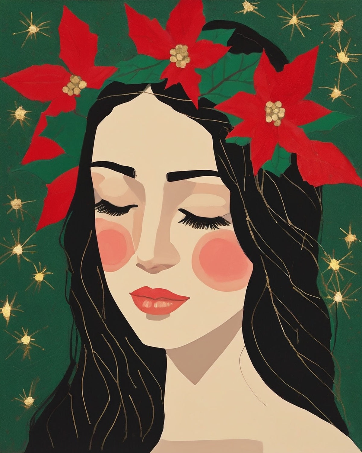 Poinsettia Crown Portrait paint by numbers kit, woman with closed eyes wearing a crown of red poinsettias and holly