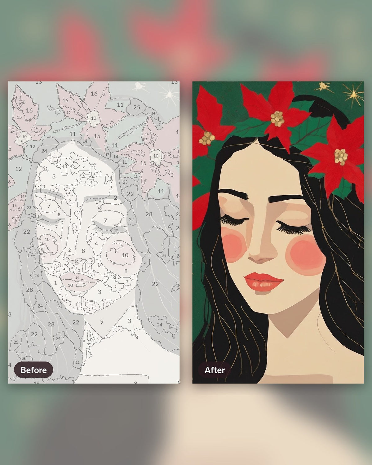 Poinsettia Crown Portrait paint by numbers kit, before and after