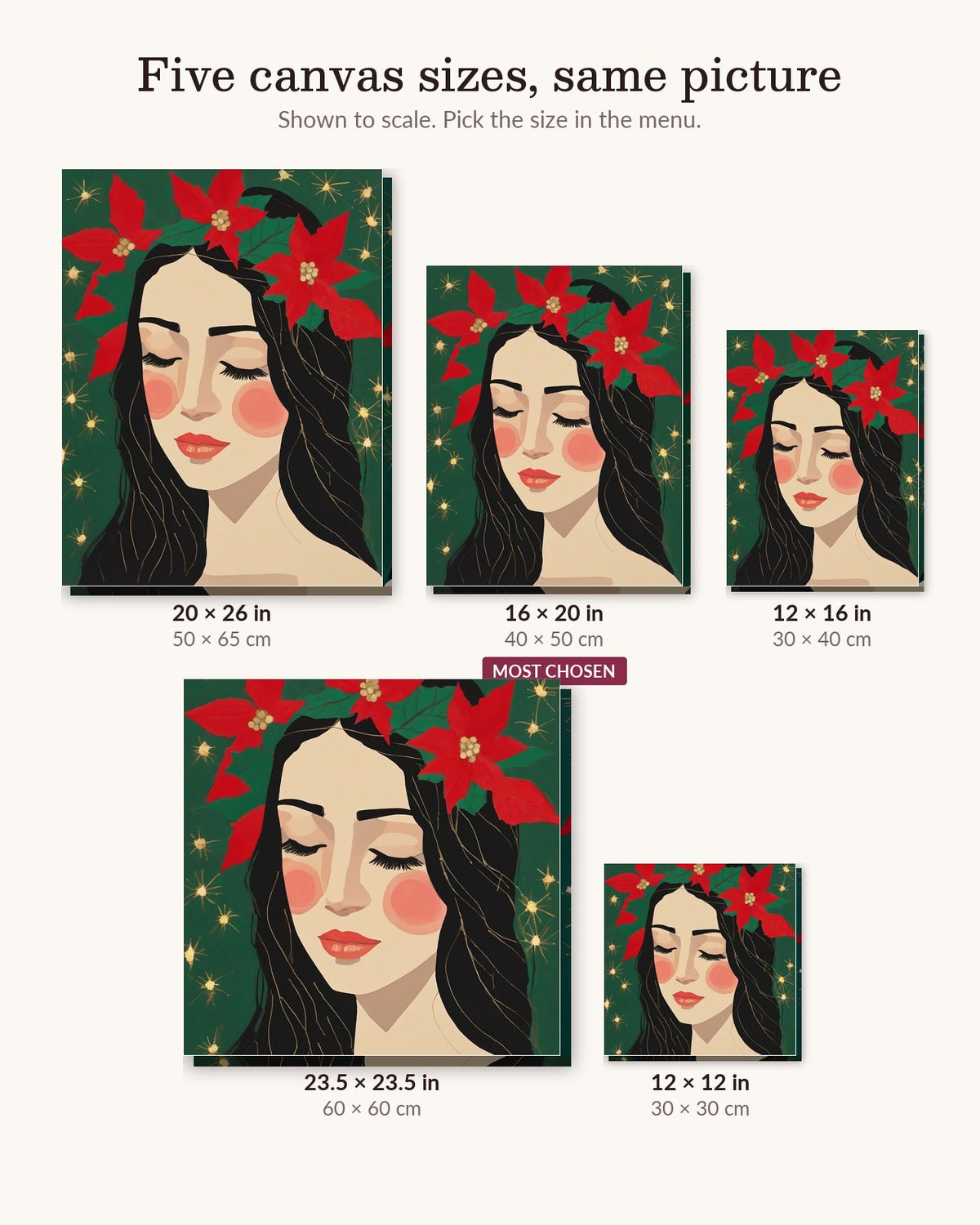 Poinsettia Crown Portrait canvas sizes from 12 x 12 to 23.5 x 23.5 inches