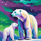 Polar Bears under the Northern Lights paint by numbers kit, polar bear and cub under green aurora