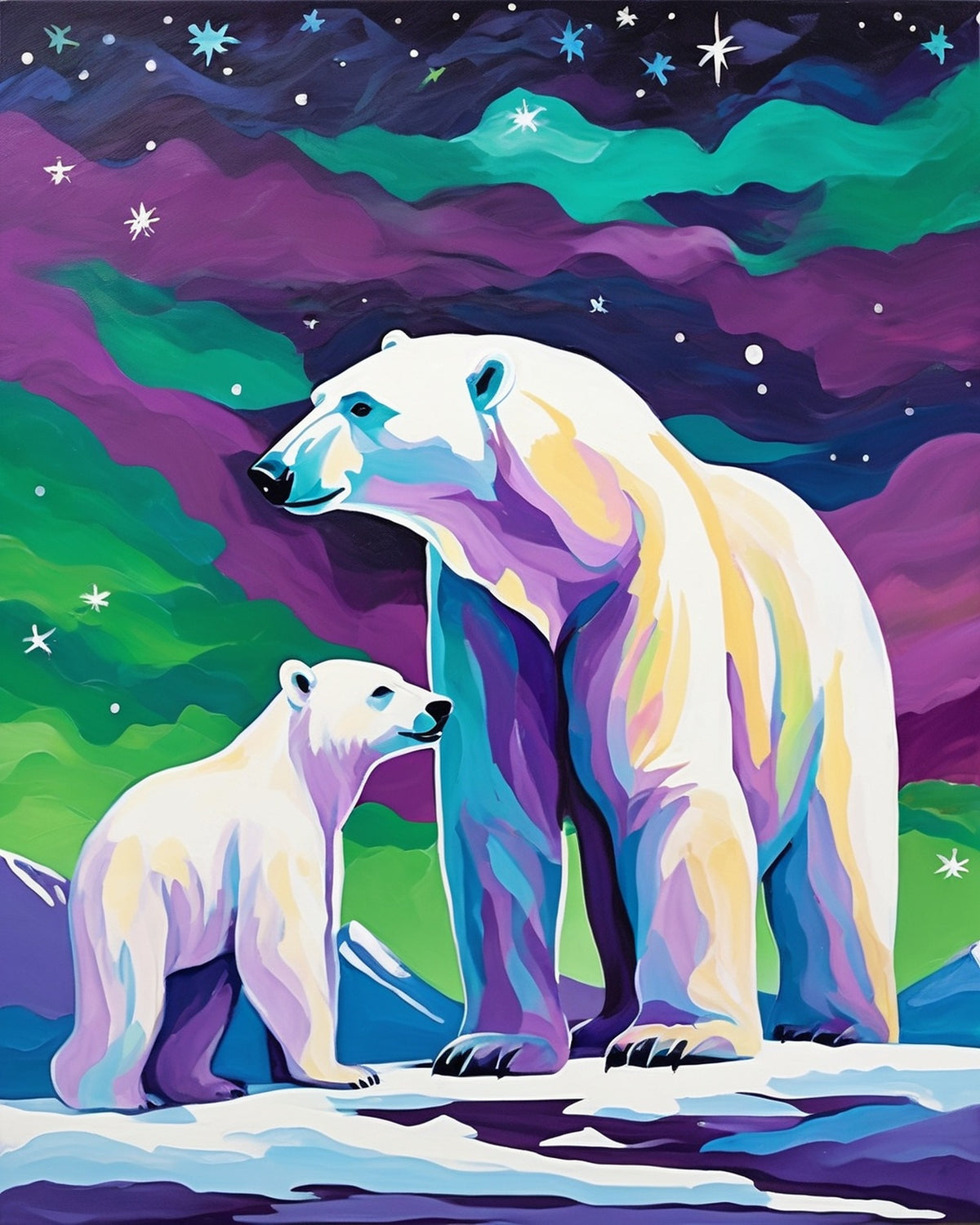 Polar Bears under the Northern Lights paint by numbers kit, polar bear and cub under green aurora