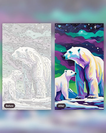 Polar Bears under the Northern Lights paint by numbers kit, before and after