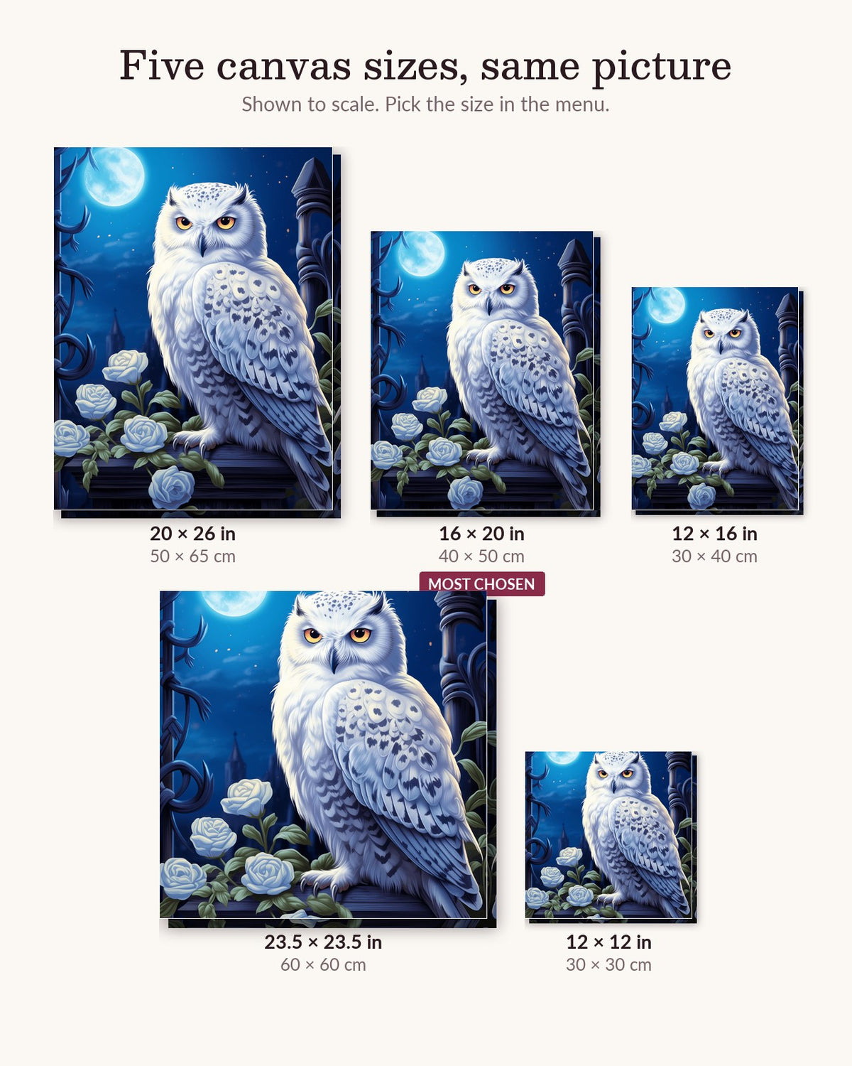 Polar Owl canvas sizes from 12 x 12 to 23.5 x 23.5 inches