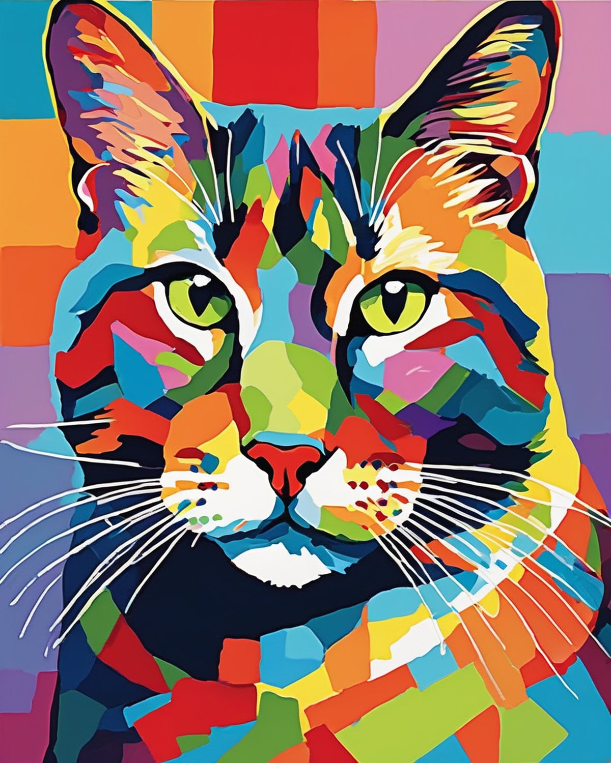 pop art cat face with green eyes and white whiskers made of red orange yellow and blue color blocks, paint by numbers kit
