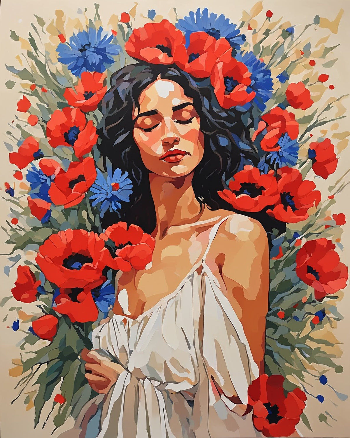 Poppy Dreamer paint by numbers kit, woman in a white dress with closed eyes among red poppies and cornflowers on cream