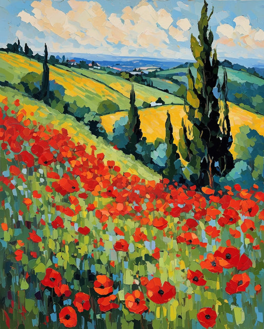 Poppy Field after Monet paint by numbers kit, a hillside of red poppies under a summer sky in Monet's impressionist style