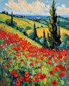 Poppy Field after Monet paint by numbers kit, a hillside of red poppies under a summer sky in Monet's impressionist style