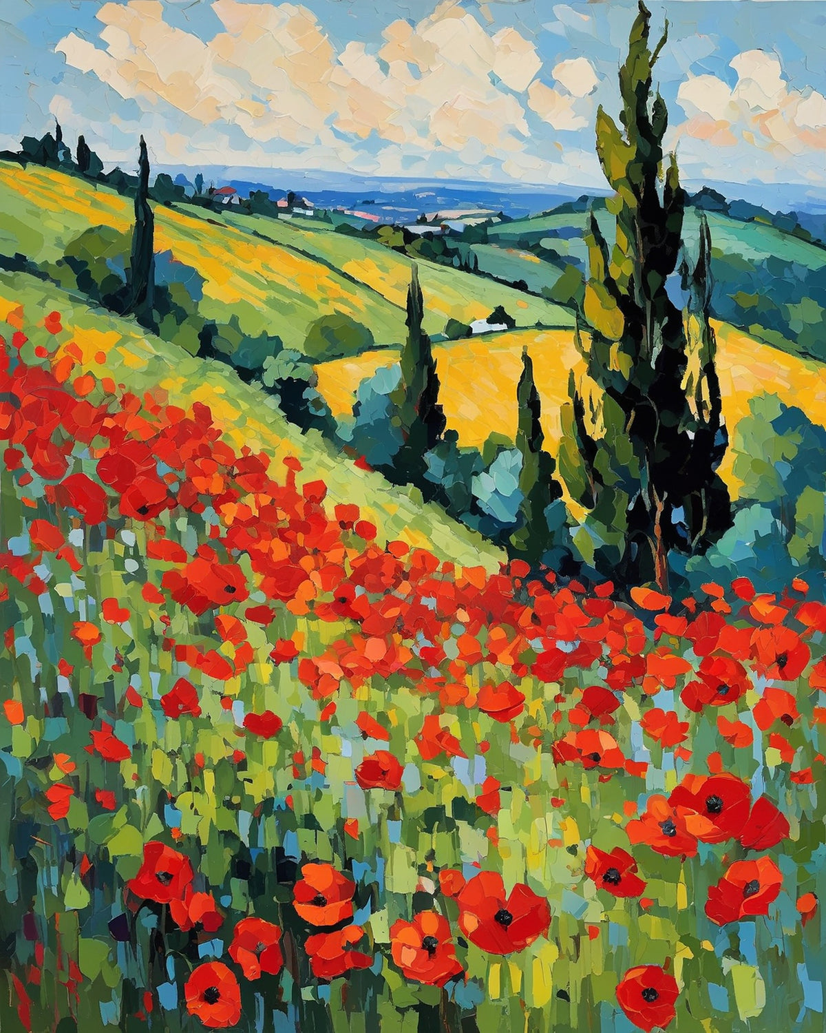 Poppy Field after Monet paint by numbers kit, a hillside of red poppies under a summer sky in Monet's impressionist style