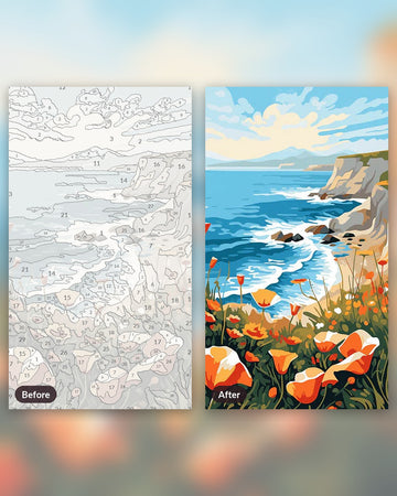 Poppy Paradise paint by numbers kit, before and after