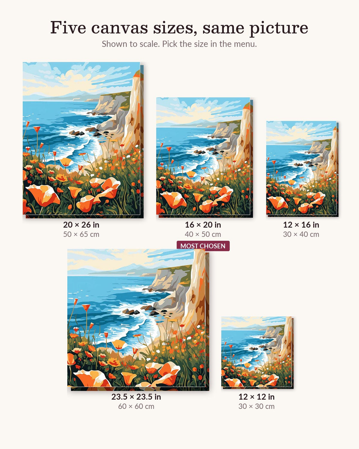 Poppy Paradise canvas sizes from 12 x 12 to 23.5 x 23.5 inches