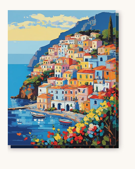 Positano Cliffside Village paint by numbers kit on stretched canvas
