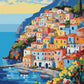 positano cliffside village paint by numbers kit, pastel houses above a blue harbor with boats and flowers