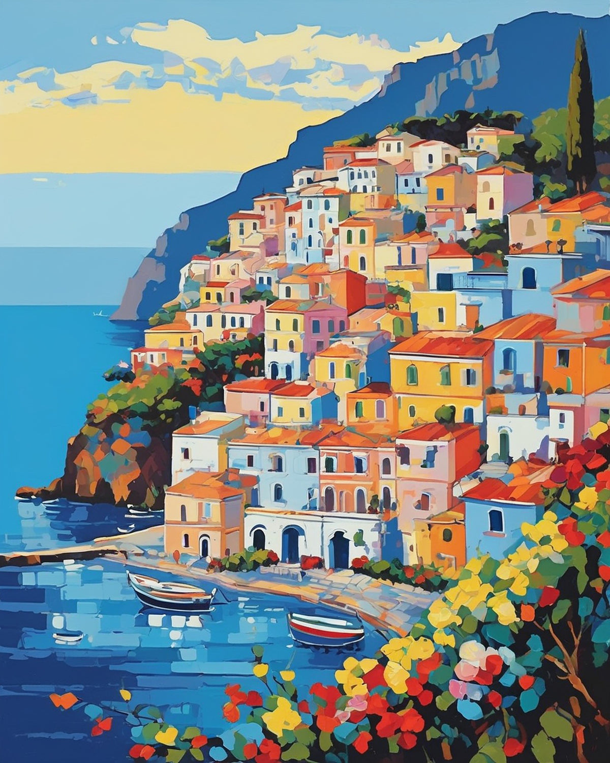 positano cliffside village paint by numbers kit, pastel houses above a blue harbor with boats and flowers