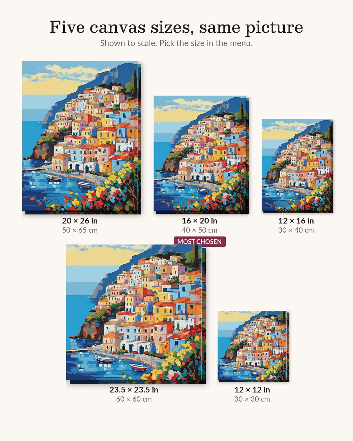 Positano Cliffside Village canvas sizes from 12 x 12 to 23.5 x 23.5 inches