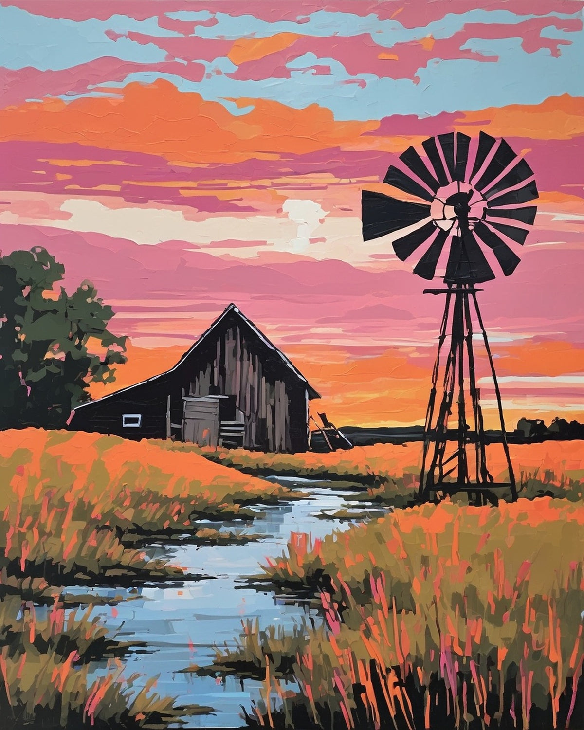 Prairie Windmill at Dusk paint by numbers kit, metal windmill and weathered barn beside a stream under a pink and orange sky