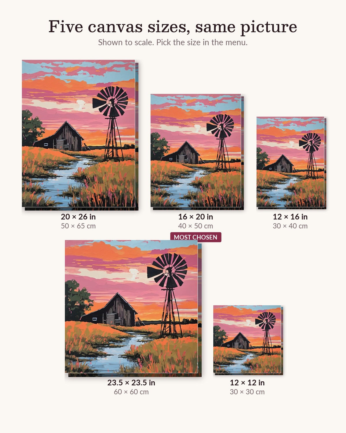 Prairie Windmill at Dusk canvas sizes from 12 x 12 to 23.5 x 23.5 inches