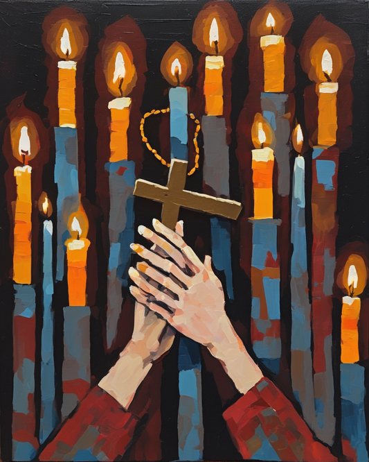 Paint by numbers canvas of praying hands resting on a wooden cross with a rosary, lit by rows of warm candles