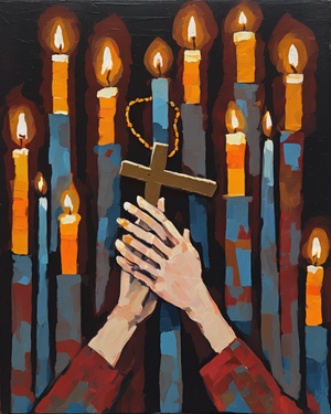 Paint by numbers canvas of praying hands resting on a wooden cross with a rosary, lit by rows of warm candles