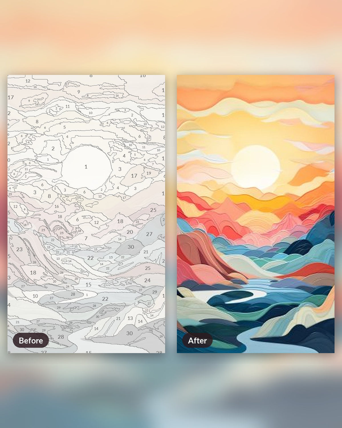Prismatic Peaks paint by numbers kit, before and after