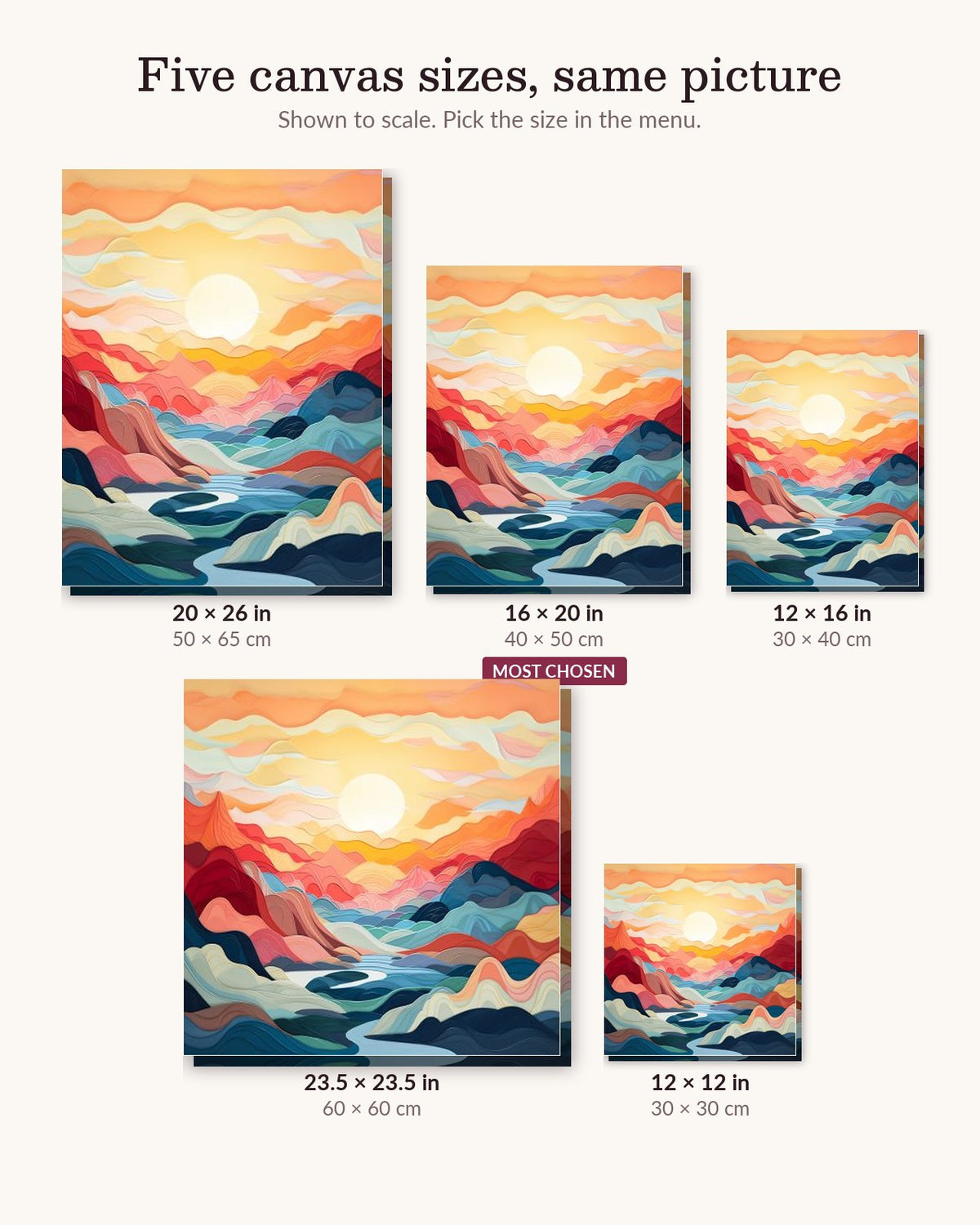Prismatic Peaks canvas sizes from 12 x 12 to 23.5 x 23.5 inches