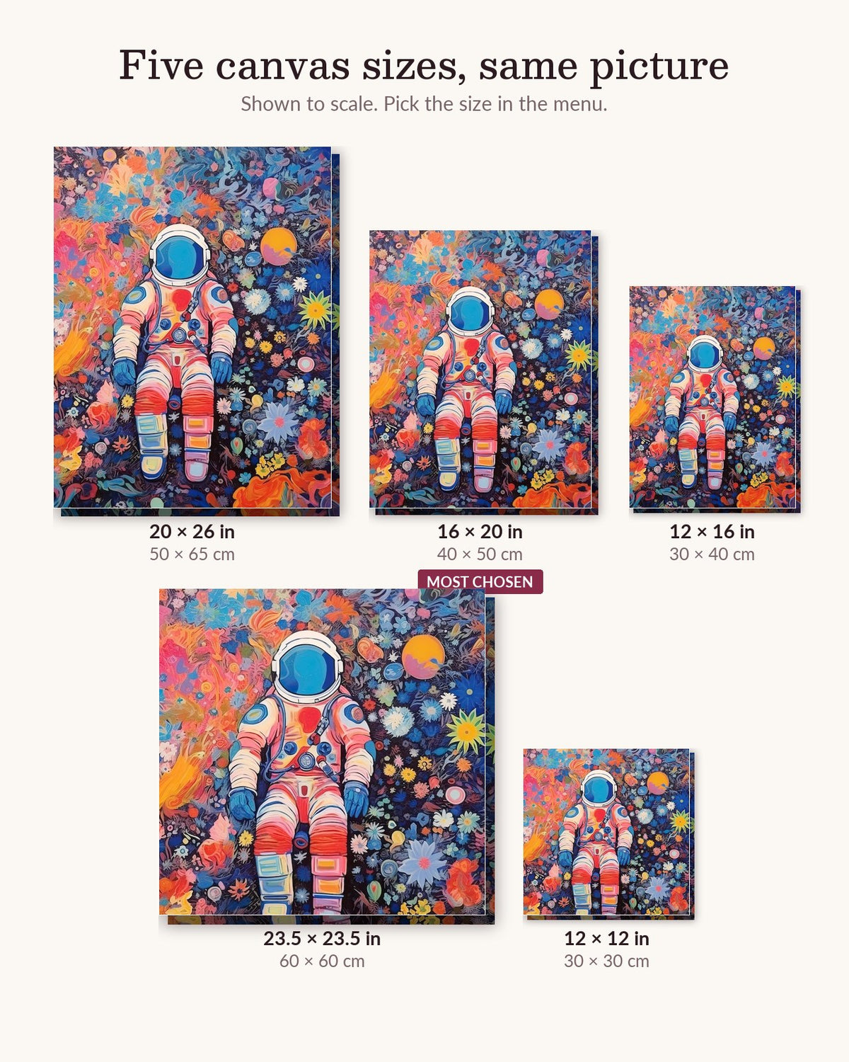 Prismatic Spacewalker canvas sizes from 12 x 12 to 23.5 x 23.5 inches