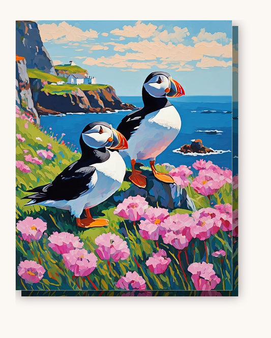 Puffins on the Sea Cliff paint by numbers kit on stretched canvas
