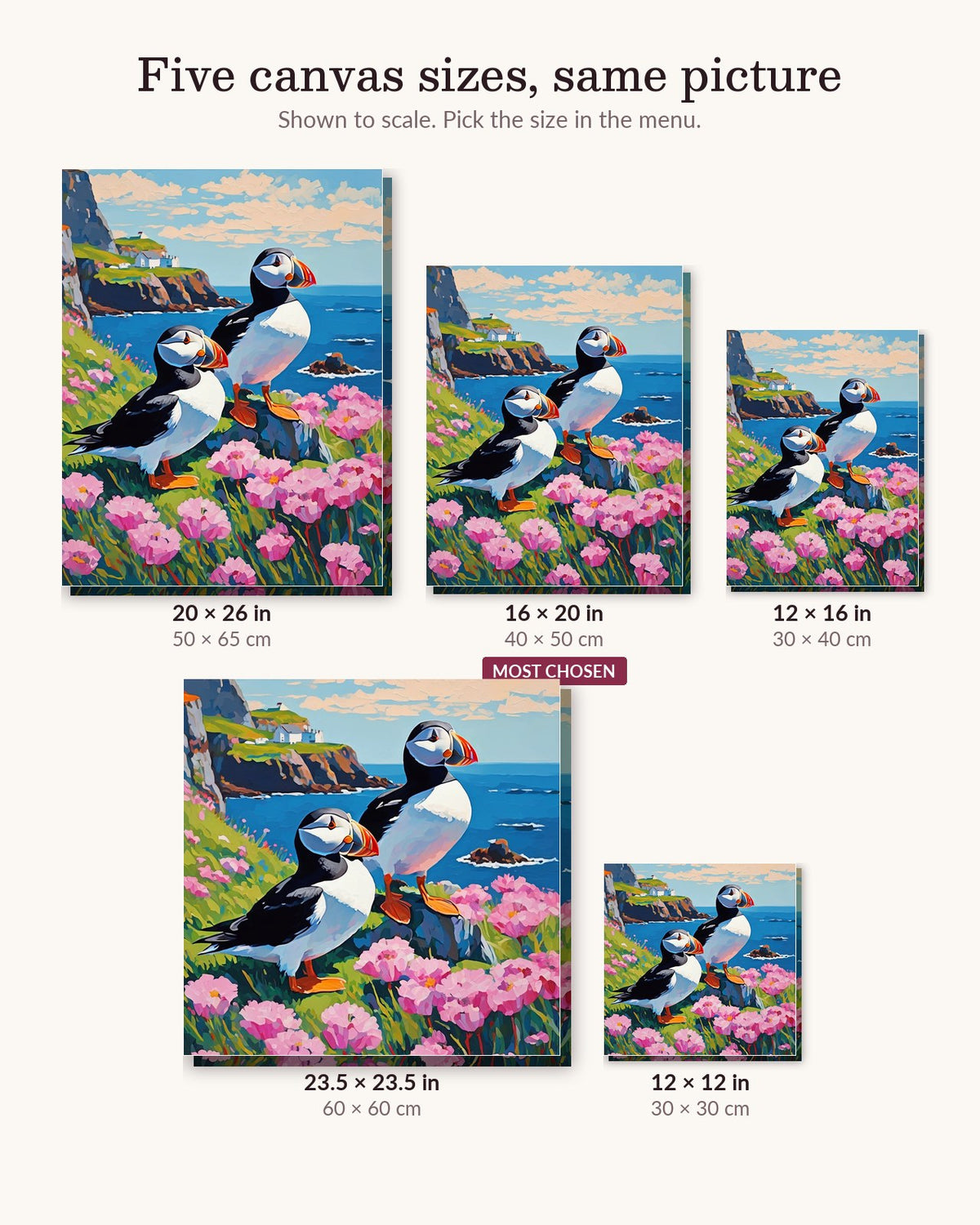Puffins on the Sea Cliff canvas sizes from 12 x 12 to 23.5 x 23.5 inches