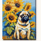 Pug with Sunflowers paint by numbers kit on stretched canvas