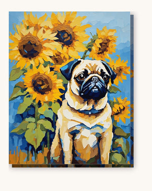 Pug with Sunflowers paint by numbers kit on stretched canvas