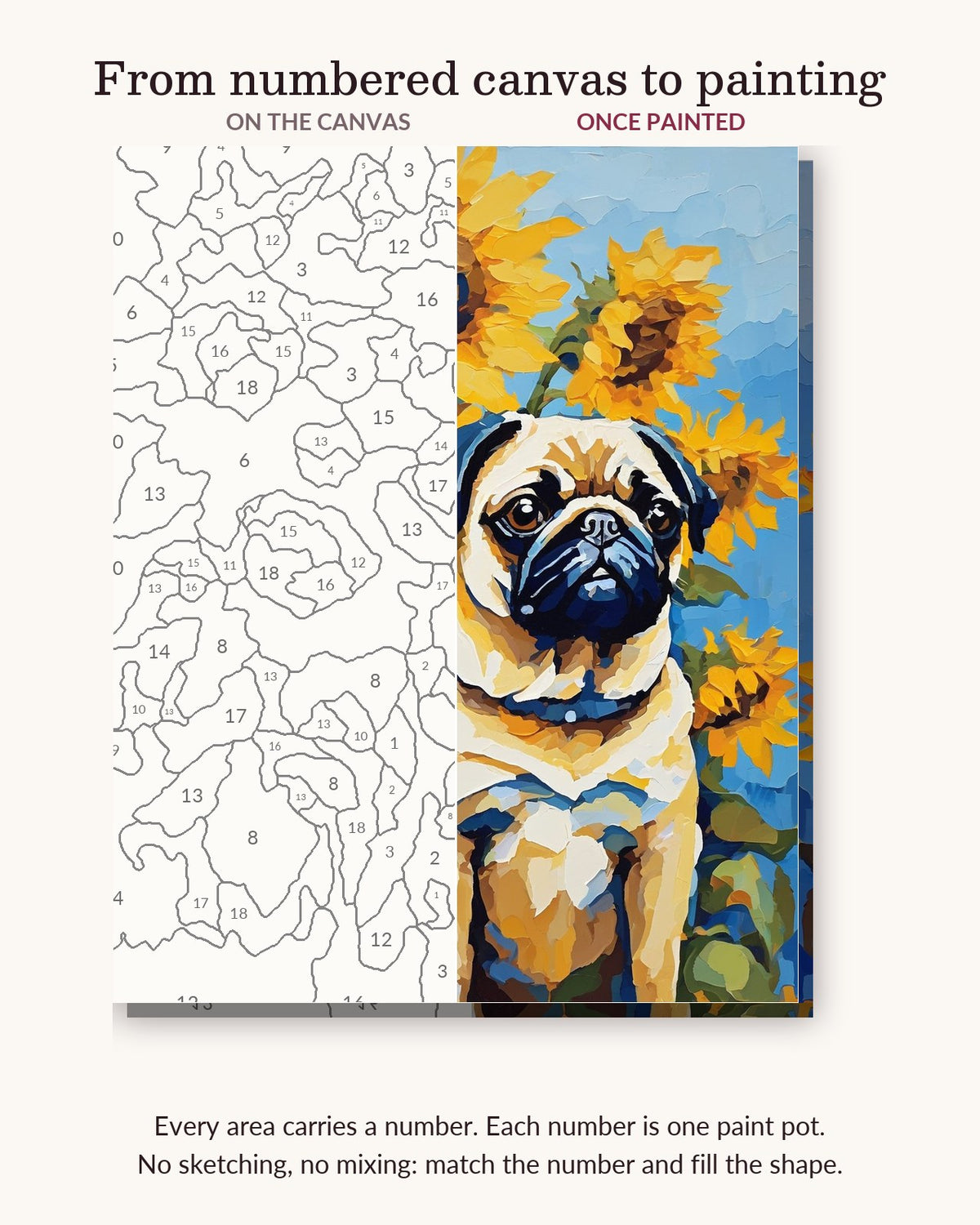Pug with Sunflowers numbered canvas next to the finished painting
