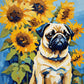 fawn pug with a dark face sitting in front of tall yellow sunflowers, paint by numbers kit