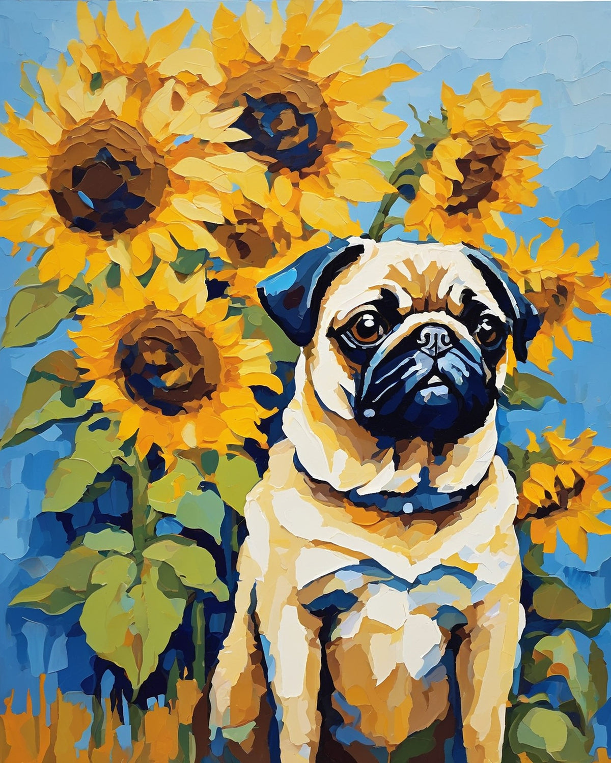 fawn pug with a dark face sitting in front of tall yellow sunflowers, paint by numbers kit