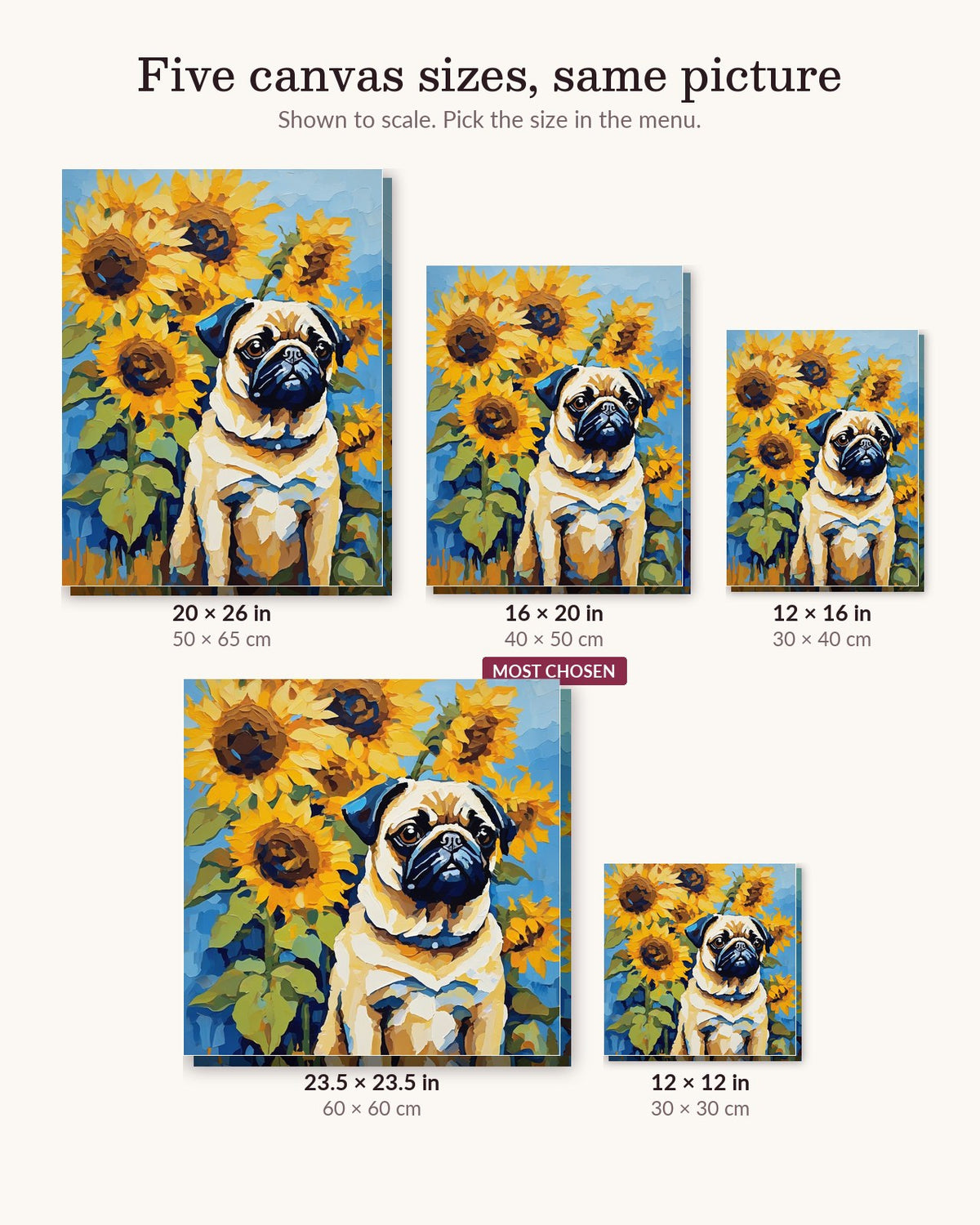 Pug with Sunflowers canvas sizes from 12 x 12 to 23.5 x 23.5 inches
