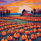Pumpkin Patch at Dusk paint by numbers kit, pumpkin field with a red barn at sunset