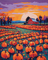 Pumpkin Patch at Dusk paint by numbers kit, pumpkin field with a red barn at sunset