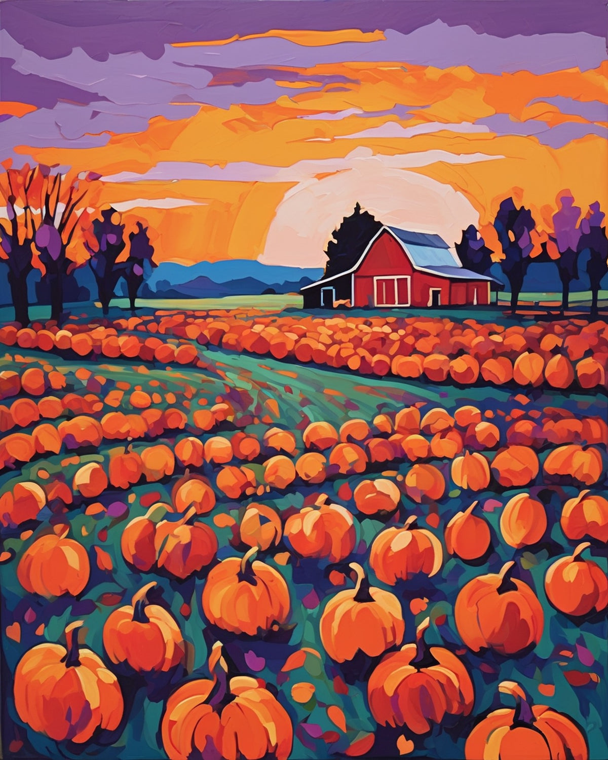 Pumpkin Patch at Dusk paint by numbers kit, pumpkin field with a red barn at sunset