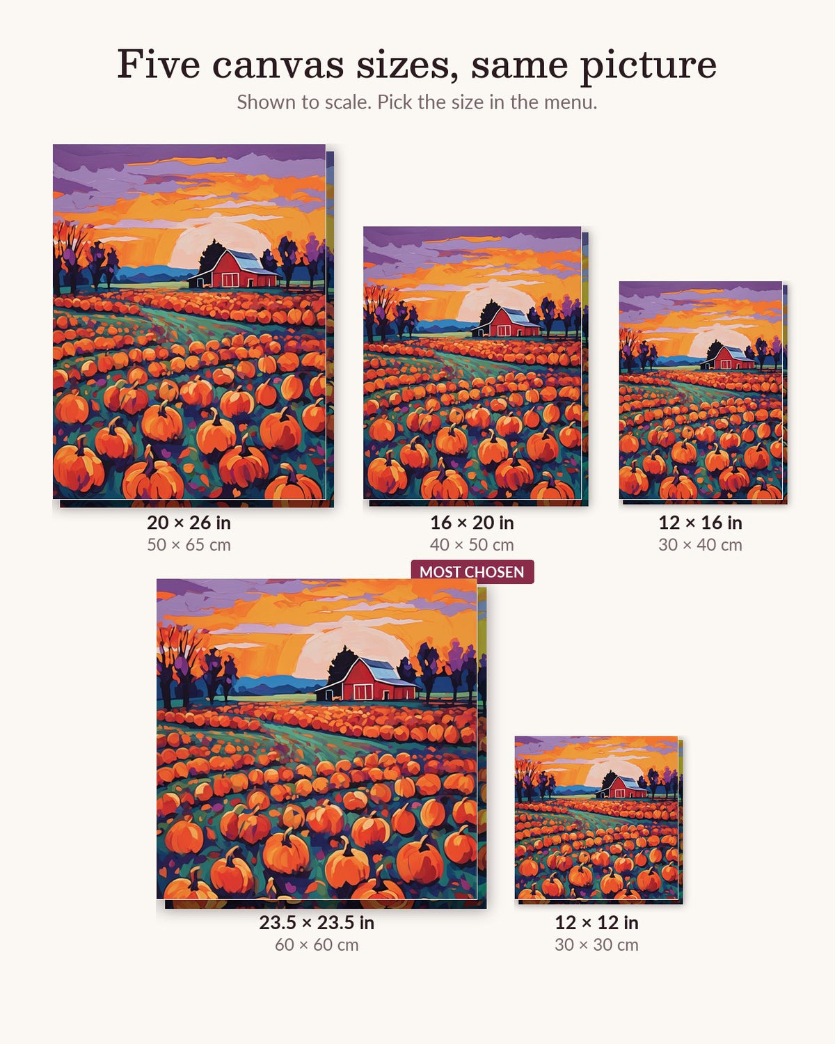 Pumpkin Patch at Dusk canvas sizes from 12 x 12 to 23.5 x 23.5 inches