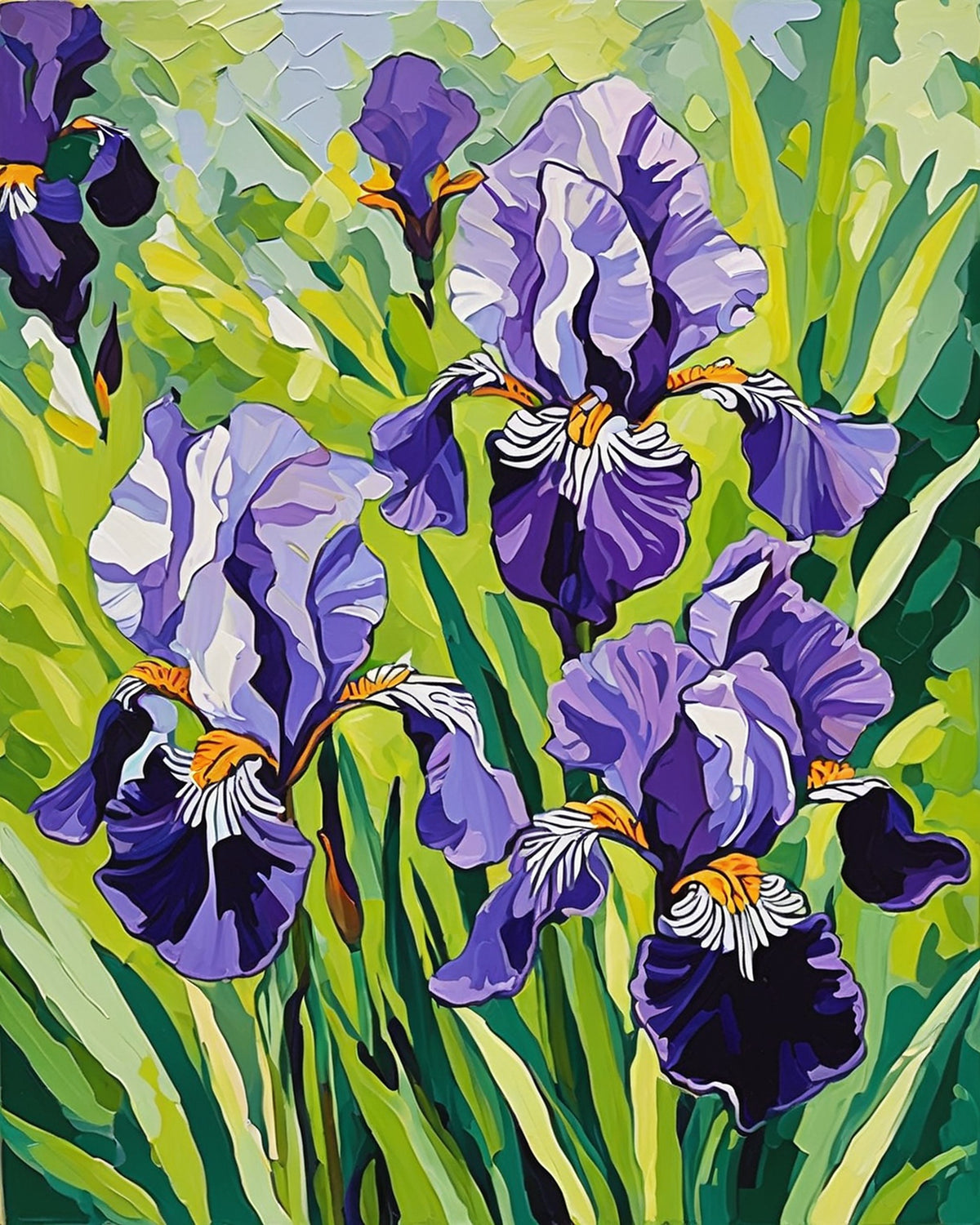 purple irises with orange and white details among tall green leaves, paint by numbers kit