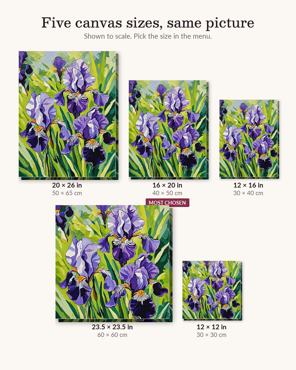 Purple Irises in the Spring Garden canvas sizes from 12 x 12 to 23.5 x 23.5 inches