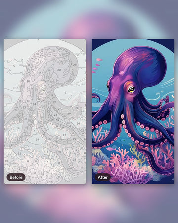Purple Octopus paint by numbers kit, before and after