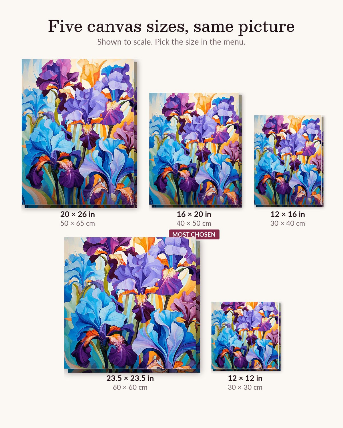 Purple View canvas sizes from 12 x 12 to 23.5 x 23.5 inches