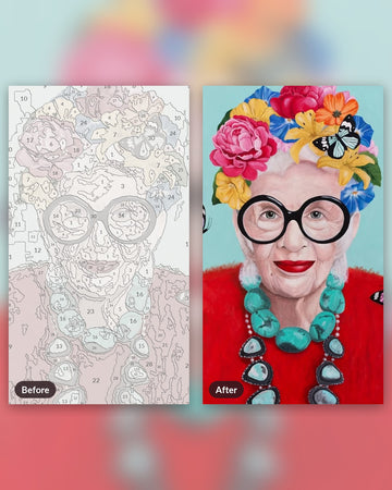 Queen of Maximalism paint by numbers kit, before and after