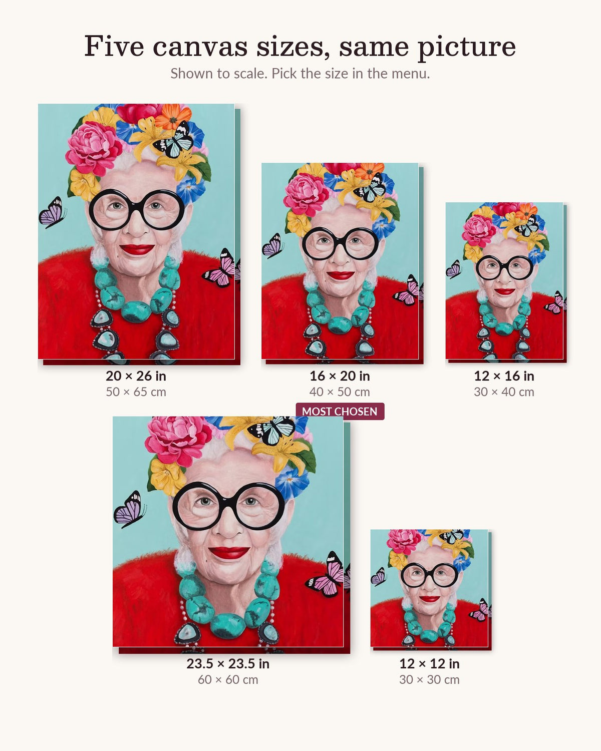 Queen of Maximalism canvas sizes from 12 x 12 to 23.5 x 23.5 inches